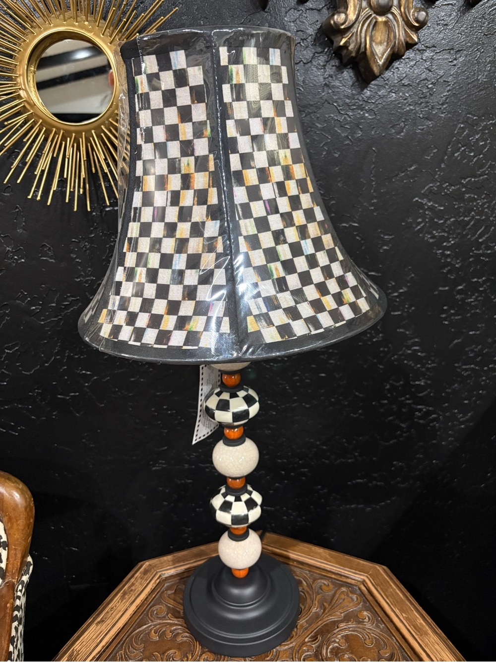 MacKenzie-Childs Black and White Checkered Table Lamp with Orange Accents